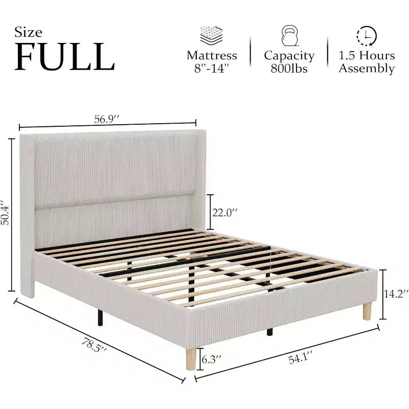 Lit plateforme capitonné en velours côtelé avec tête de lit à oreilles, lattes en bois, aucun sommier tapissier requis