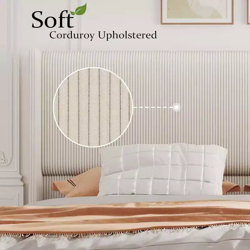Lit plateforme capitonné en velours côtelé avec tête de lit à oreilles, lattes en bois, aucun sommier tapissier requis