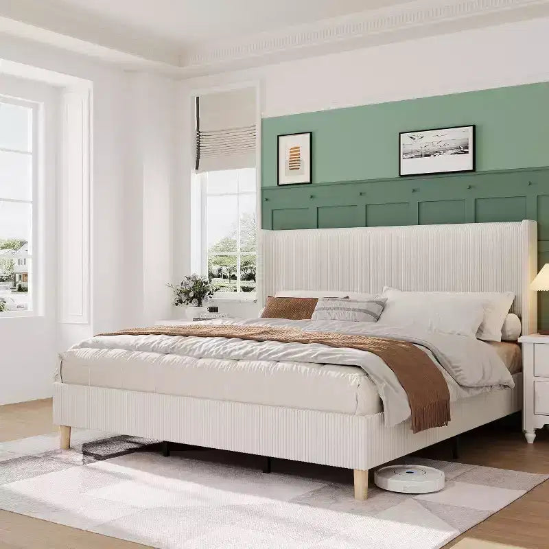 Lit plateforme capitonné en velours côtelé avec tête de lit à oreilles, lattes en bois, aucun sommier tapissier requis