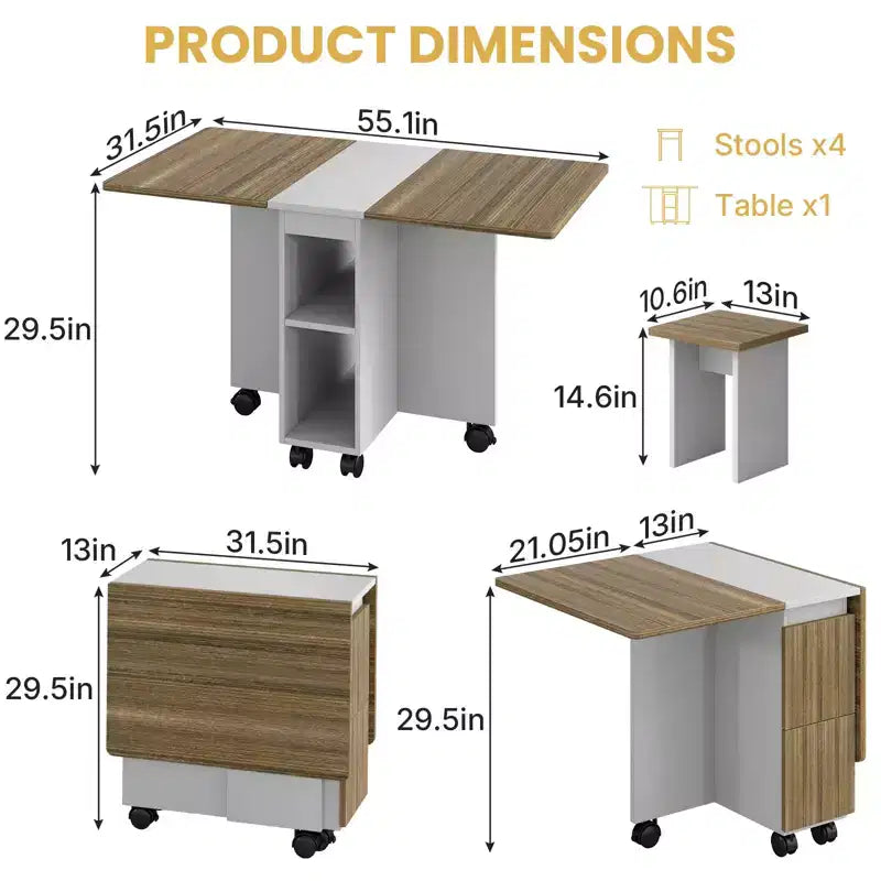 Table à manger pliante Zevemomo avec 4 chaises, rangement et roulettes – Table de cuisine pliable 5 pièces pour salle à manger, petits espaces et appartement