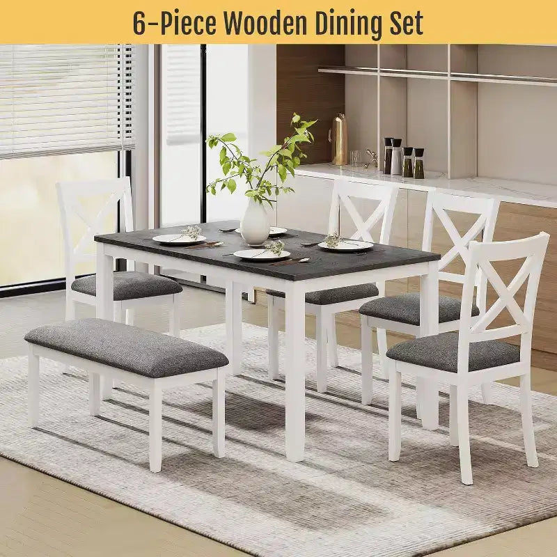 Ensemble de salle à manger Zevemomo 6 pièces en bois massif, comprenant 1 table à manger, 4 chaises rembourrées et 1 banc, pour salle à manger, cuisine, , Blanc diamant