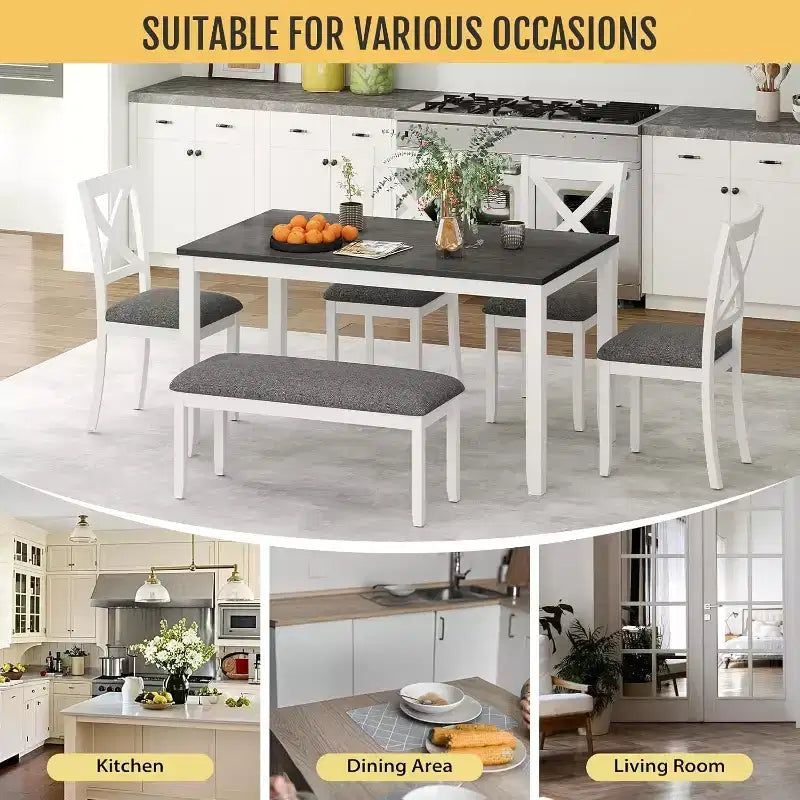 Ensemble de salle à manger Zevemomo 6 pièces en bois massif, comprenant 1 table à manger, 4 chaises rembourrées et 1 banc, pour salle à manger, cuisine, , Blanc diamant