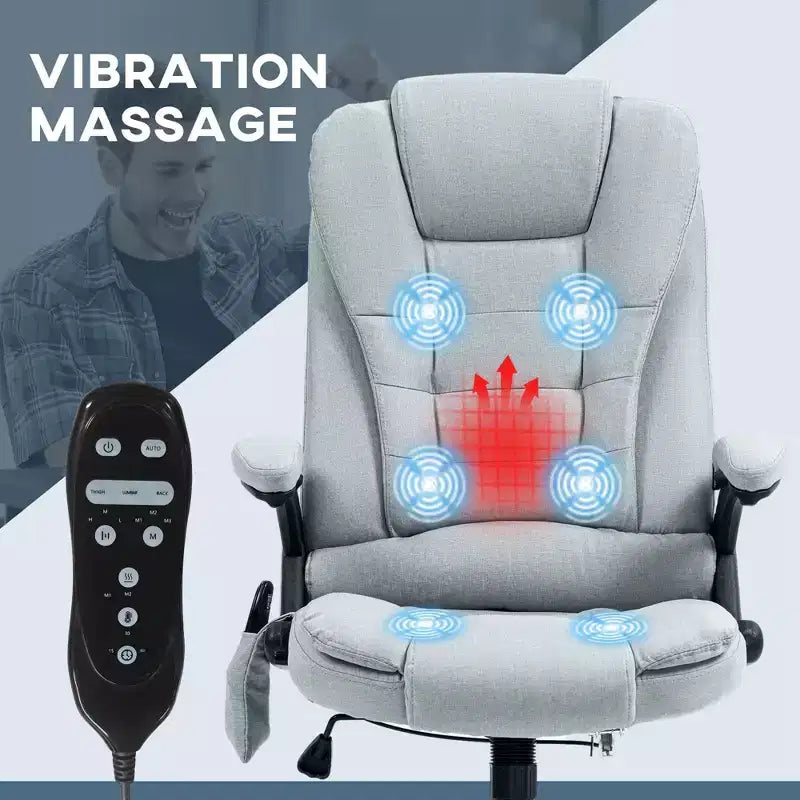 Fauteuil de bureau exécutif de massage vibrant à 6 points Okak avec chaleur, fauteuil d'ordinateur inclinable avec télécommande, fauteuil confortable pour l'étude, le bureau, gris