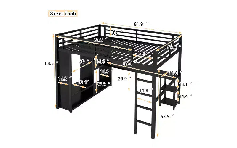 Lit mezzanine métallique Bellemave Queen Size avec bureau et armoire, étagères de rangement et garde-corps, noir