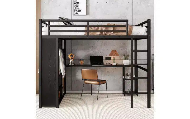 Lit mezzanine métallique Bellemave Queen Size avec bureau et armoire, étagères de rangement et garde-corps, noir