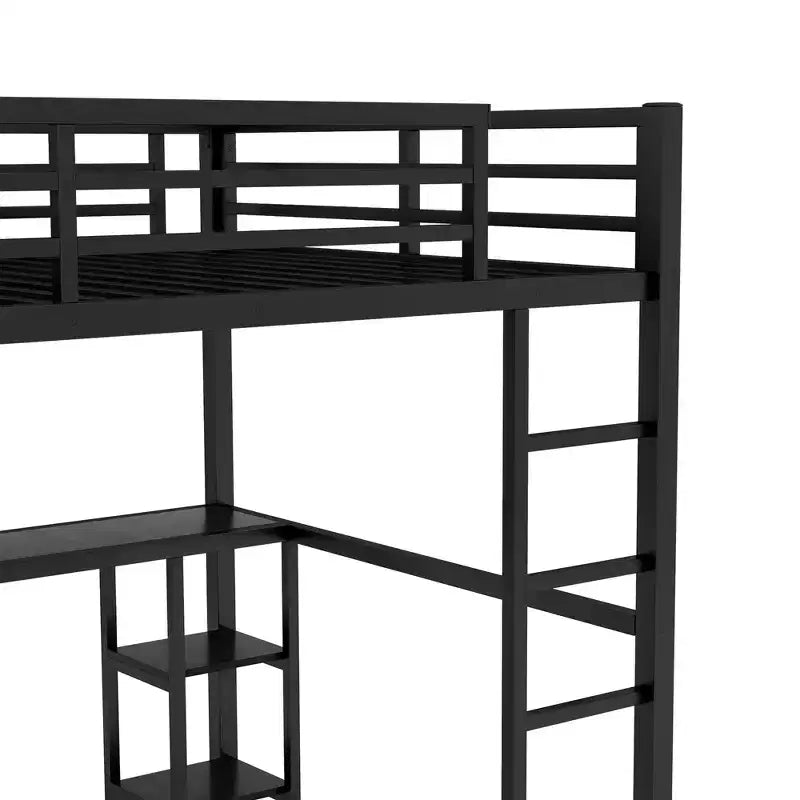 Lit mezzanine métallique Bellemave Queen Size avec bureau et armoire, étagères de rangement et garde-corps, noir