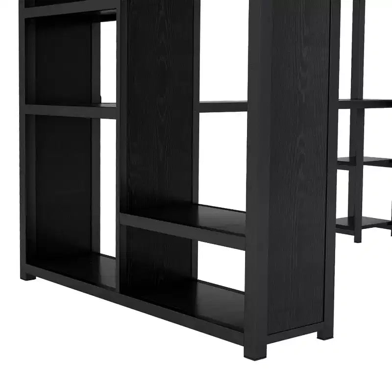 Lit mezzanine métallique Bellemave Queen Size avec bureau et armoire, étagères de rangement et garde-corps, noir