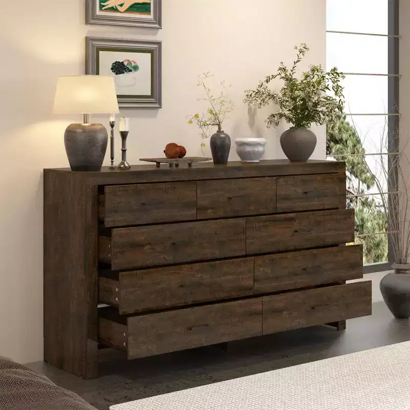 Commode de rangement rustique Famapy à 9 tiroirs, compartiments, construction robuste, tiroirs spacieux