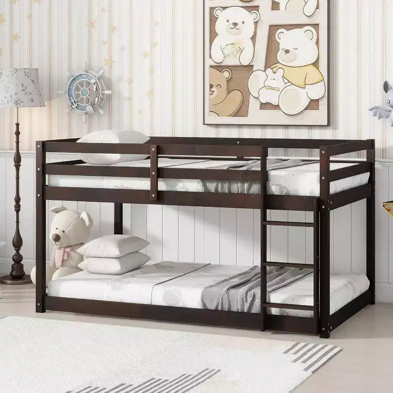 Zevemomo Wooden Bunk Bed Twin Over Twin, Solid Rubberwood Bed Frame with Built-in Ladder, for Small Spaces,Bedroom,Space Saving, No Box Spring Needed