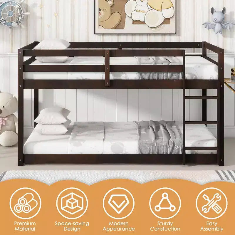 Zevemomo Lit Superposé en Bois Jumeau sur Jumeau, Cadre de Lit en Bois d'Hévéa Massif avec Échelle Intégrée, pour Petits Espaces, Chambre, Gain de Place, Pas de Sommier Tapissier Nécessaire
