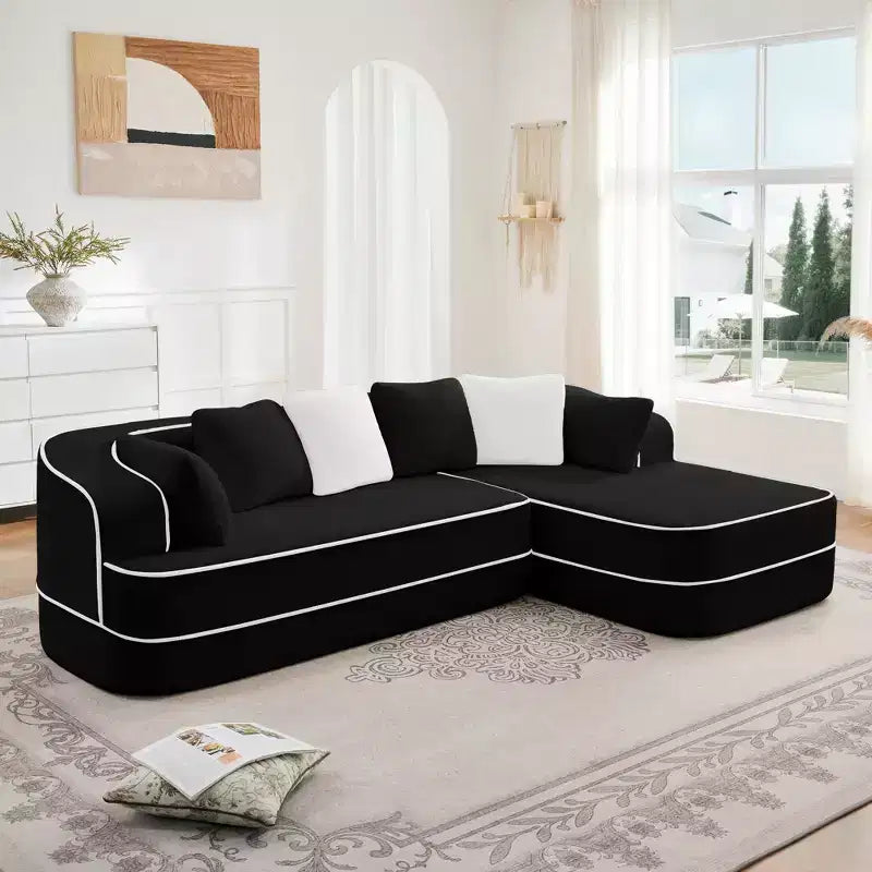 Canapé 106 sans accoudoirs en tissu Teddy 32D, design contrasté, canapé douillet et moelleux avec méridienne en L, pour salon
