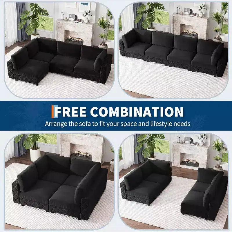 Acekool 134 Canapé d'angle modulable, canapé 4 places en velours en forme de L avec coussins haute densité, canapé nuage rembourré, noir