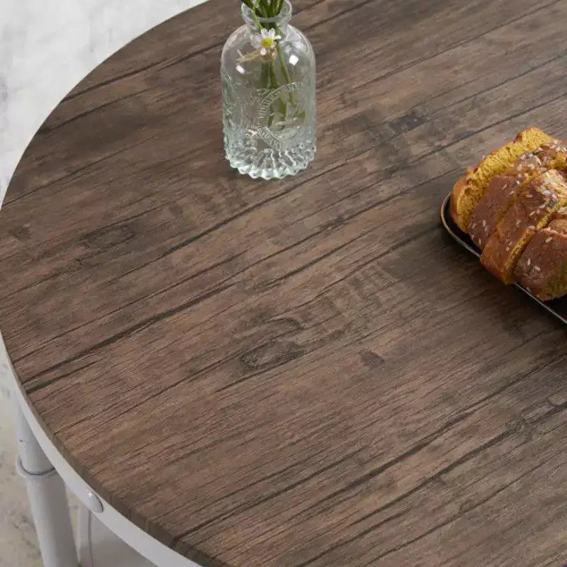 Table basse de style industriel, 25,2 po, à double plateau rond en MDF couleur noyer foncé veiné de noir, avec un cadre en fer forgé blanc froissé.