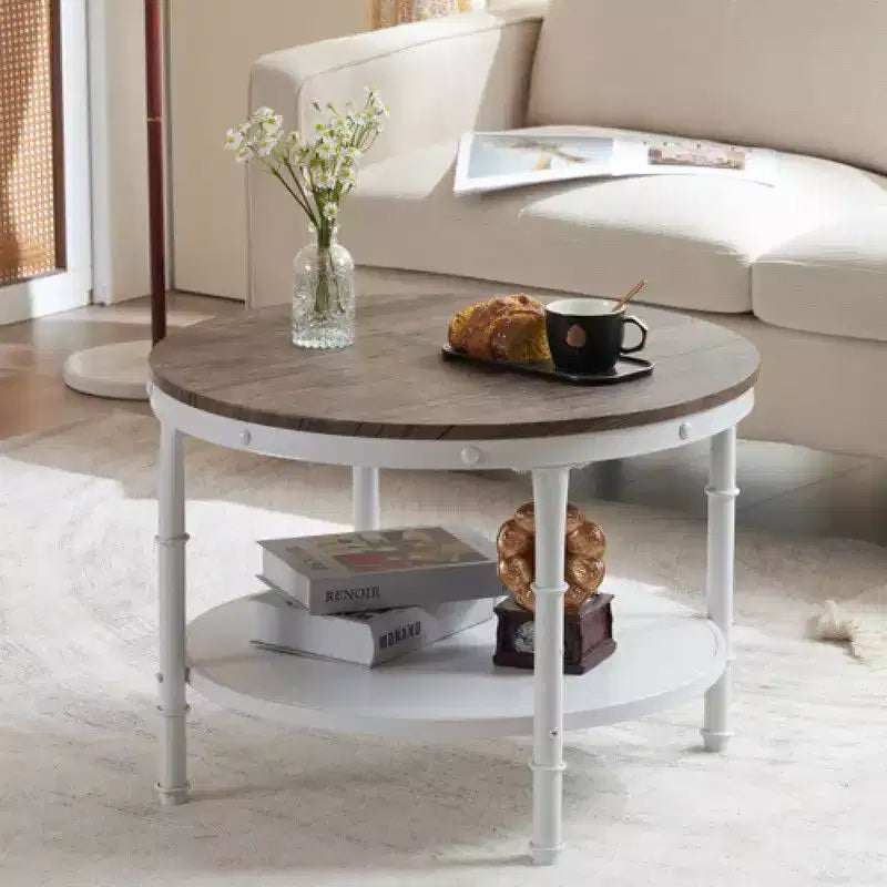 Table basse de style industriel, 25,2 po, à double plateau rond en MDF couleur noyer foncé veiné de noir, avec un cadre en fer forgé blanc froissé.
