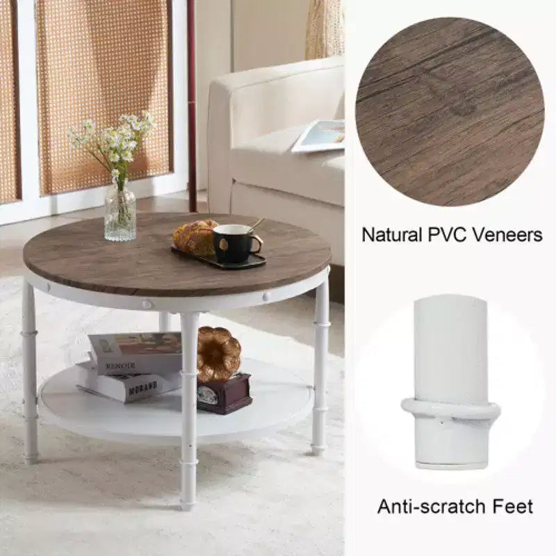 Table basse de style industriel, 25,2 po, à double plateau rond en MDF couleur noyer foncé veiné de noir, avec un cadre en fer forgé blanc froissé.