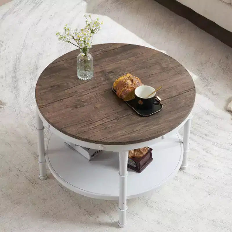 Table basse de style industriel, 25,2 po, à double plateau rond en MDF couleur noyer foncé veiné de noir, avec un cadre en fer forgé blanc froissé.