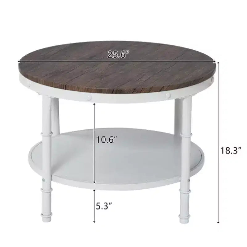Table basse de style industriel, 25,2 po, à double plateau rond en MDF couleur noyer foncé veiné de noir, avec un cadre en fer forgé blanc froissé.