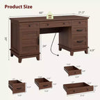 Bureau de direction avec tiroirs de classement, bureau de télétravail style ferme avec station de recharge, bureau d'ordinateur en bois de 152 cm avec armoire de rangement pour le travail et les études