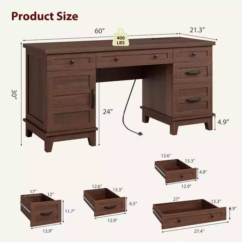 Bureau de direction avec tiroirs de classement, bureau de télétravail style ferme avec station de recharge, bureau d'ordinateur en bois de 152 cm avec armoire de rangement pour le travail et les études