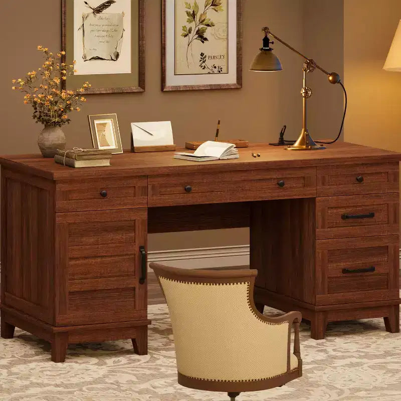 Bureau de direction avec tiroirs de classement, bureau de télétravail style ferme avec station de recharge, bureau d'ordinateur en bois de 152 cm avec armoire de rangement pour le travail et les études