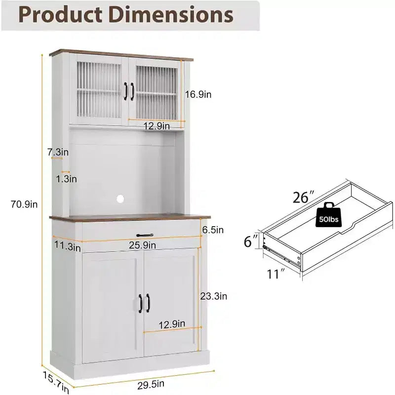Meuble de cuisine de 71 po avec support pour micro-ondes, buffet autoportant avec portes et étagères pour salle à manger