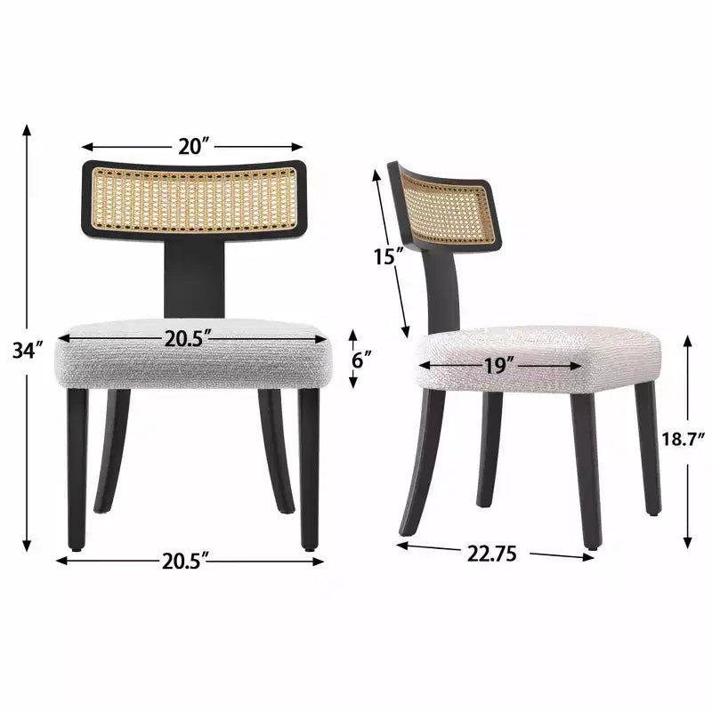 Homy Casa Lot de 2 chaises de salle à manger rembourrées avec dossier en rotin et cadre en bois noir, tissu beige