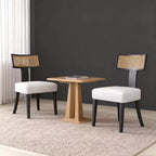 Homy Casa Lot de 2 chaises de salle à manger rembourrées avec dossier en rotin et cadre en bois noir, tissu beige