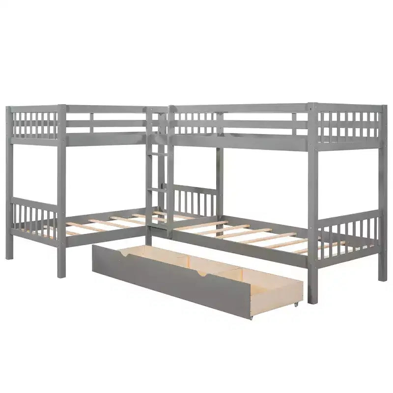 Lit superposé en L avec lit gigogne pour 4 enfants, cadre de lit superposé en bois avec tiroirs