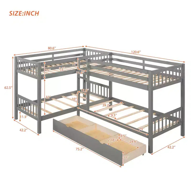 Lit superposé en L avec lit gigogne pour 4 enfants, cadre de lit superposé en bois avec tiroirs
