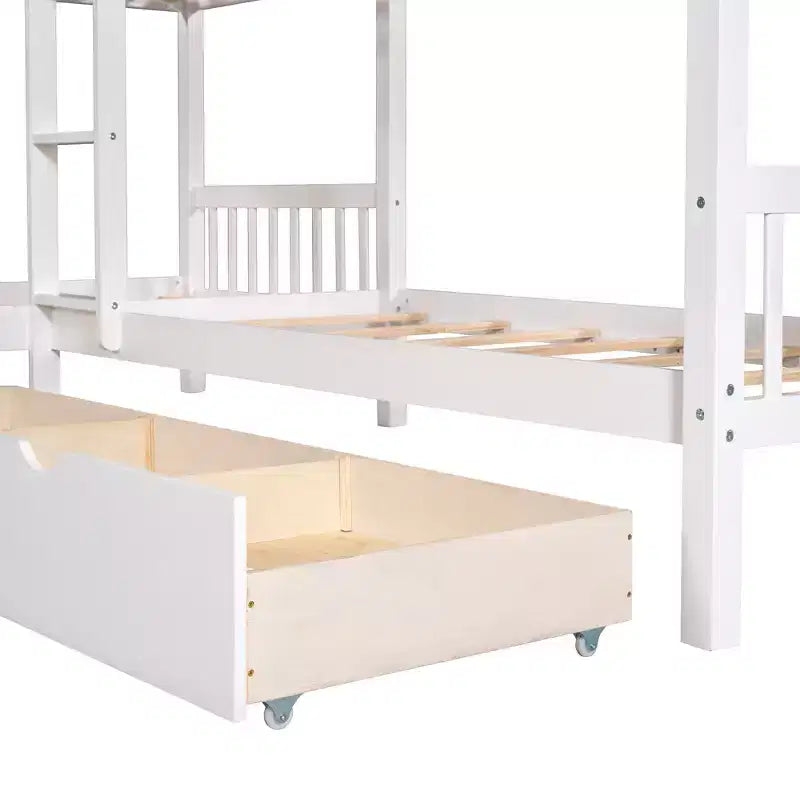 Lit superposé en L avec lit gigogne pour 4 enfants, cadre de lit superposé en bois avec tiroirs