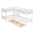 Lit superposé en L avec lit gigogne pour 4 enfants, cadre de lit superposé en bois avec tiroirs