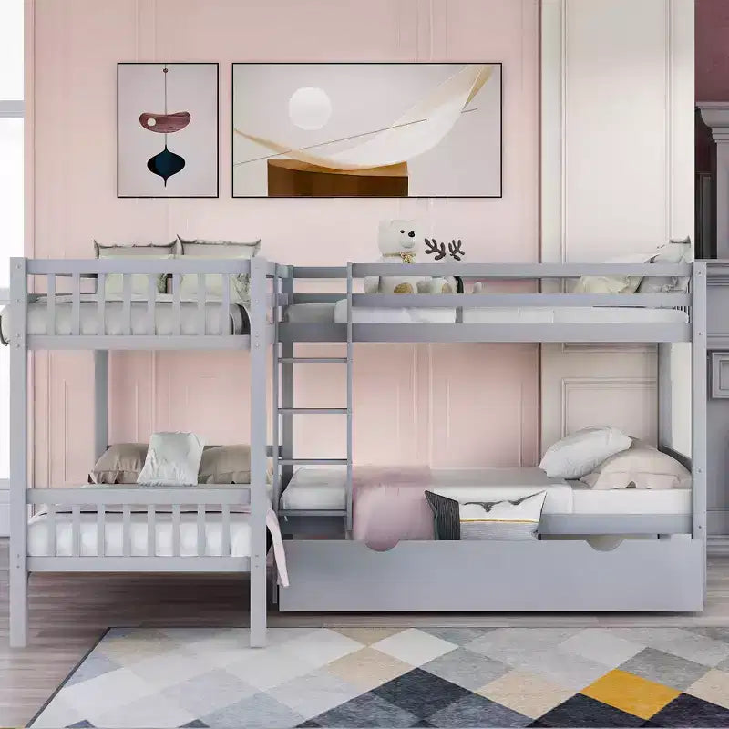 Lit superposé en L avec lit gigogne pour 4 enfants, cadre de lit superposé en bois avec tiroirs