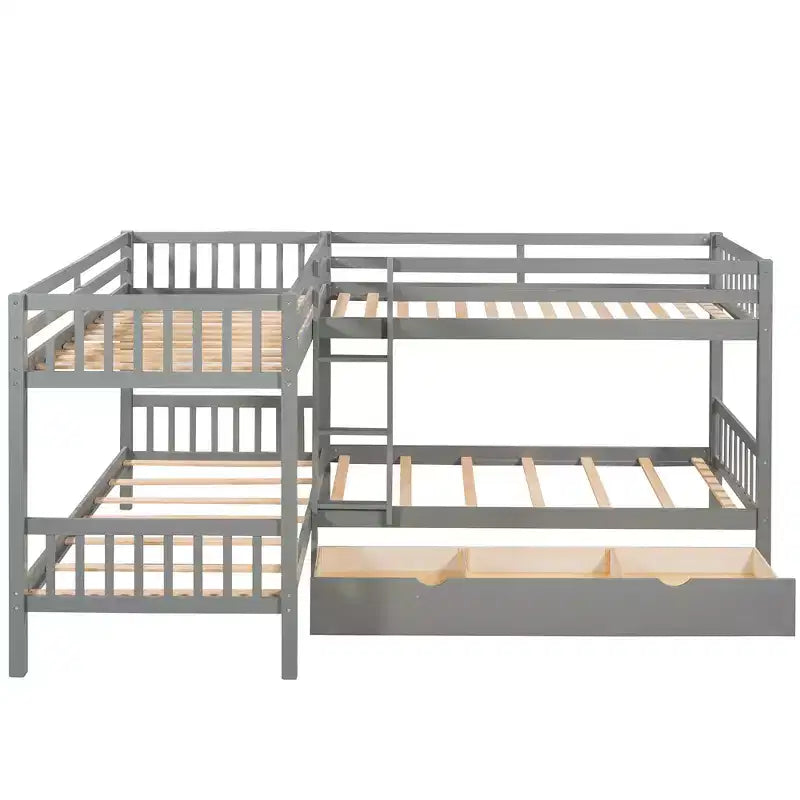 Lit superposé en L avec lit gigogne pour 4 enfants, cadre de lit superposé en bois avec tiroirs