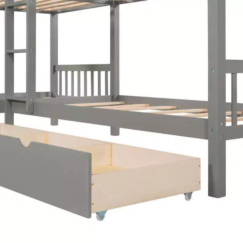 Lit superposé en L avec lit gigogne pour 4 enfants, cadre de lit superposé en bois avec tiroirs