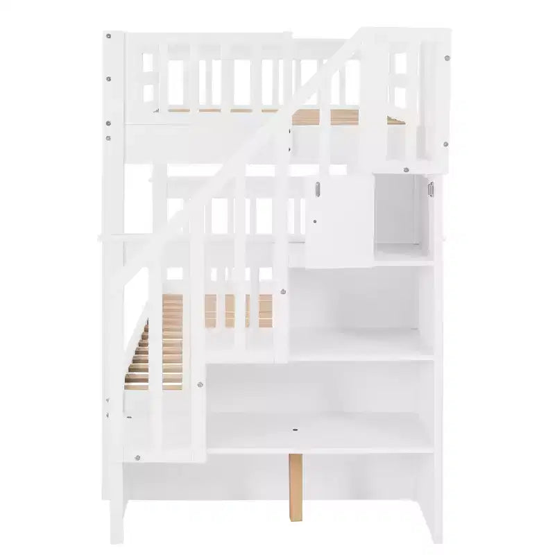 Lit superposé enfant à double escalier avec rangement et garde-corps pour chambre à coucher ou dortoir