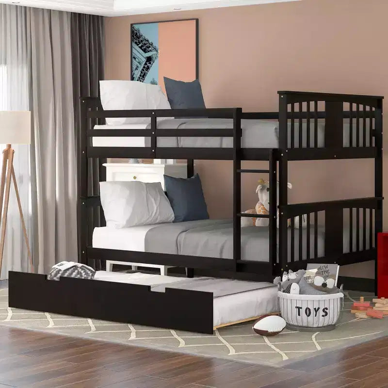 Full over Full Bunk Bed with Twin Trundle, Full Size Wood Bunk Bed Frame for Kids Teens Adults, Can be Convertible to 2 Beds