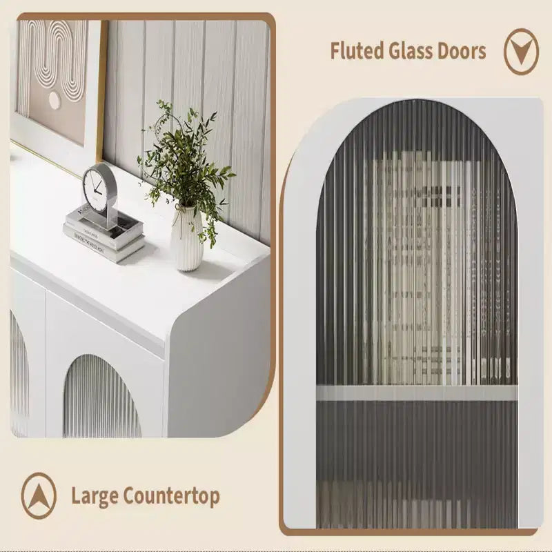 48 Buffet, Bahut Moderne avec 3 Tiroirs, Enfilade Éclairée avec Portes Vitrées, Bar à Café pour Cuisine, Salle à Manger, Blanc