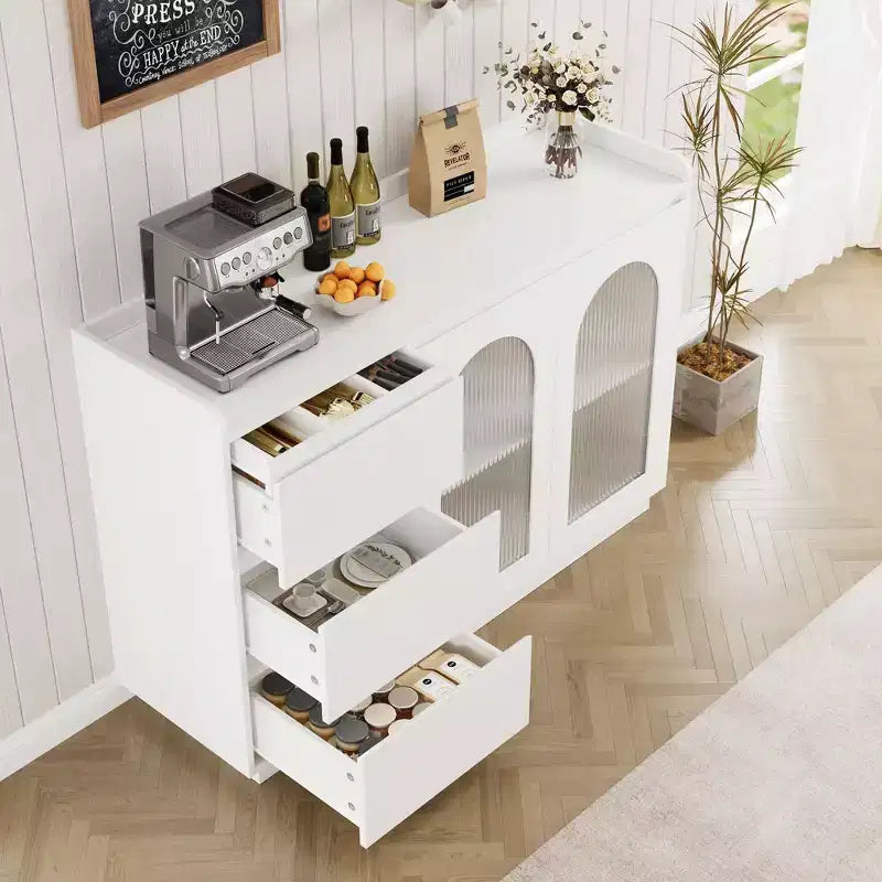 48 Buffet, Bahut Moderne avec 3 Tiroirs, Enfilade Éclairée avec Portes Vitrées, Bar à Café pour Cuisine, Salle à Manger, Blanc