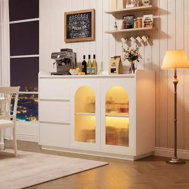 48 Buffet, Bahut Moderne avec 3 Tiroirs, Enfilade Éclairée avec Portes Vitrées, Bar à Café pour Cuisine, Salle à Manger, Blanc