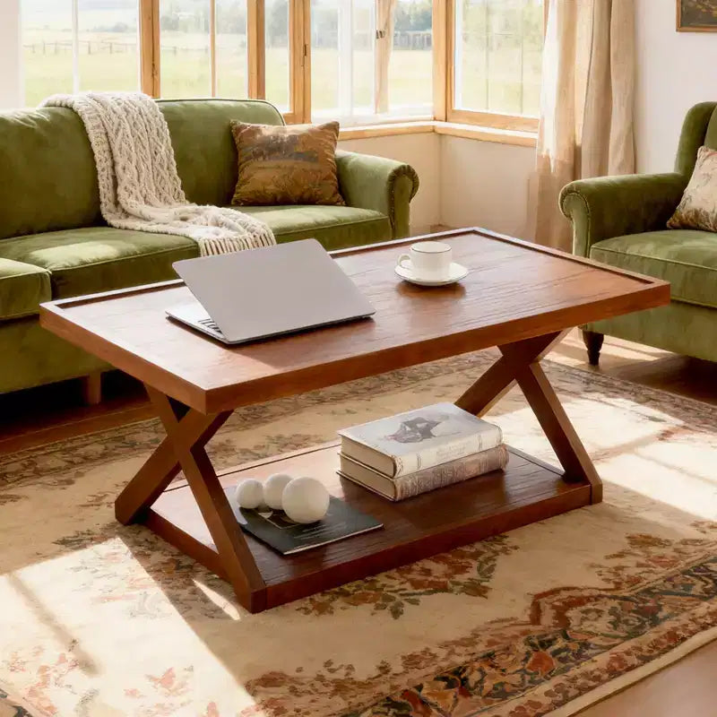 Table basse Bekrvio 40 en chêne massif, table centrale rectangulaire de style ferme moderne à 2 niveaux avec étagère de rangement et pieds en X, finition noyer