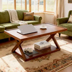 Table basse Bekrvio 40 en chêne massif, table centrale rectangulaire de style ferme moderne à 2 niveaux avec étagère de rangement et pieds en X, finition noyer