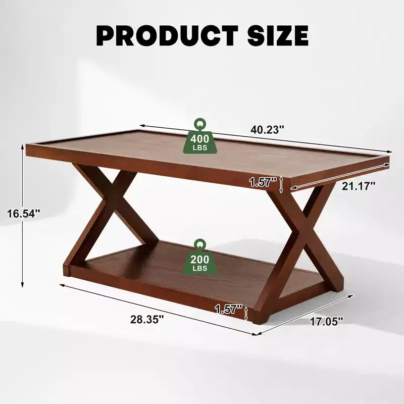 Table basse Bekrvio 40 en chêne massif, table centrale rectangulaire de style ferme moderne à 2 niveaux avec étagère de rangement et pieds en X, finition noyer