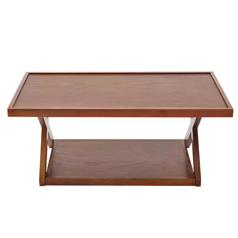 Table basse Bekrvio 40 en chêne massif, table centrale rectangulaire de style ferme moderne à 2 niveaux avec étagère de rangement et pieds en X, finition noyer