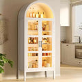 GustoWave 70 Tall Arched Kitchen Pantry Cabinet with LED, Wood Arched Bookshelf with Glass Doors & Adjustable Shelves, Elegant White