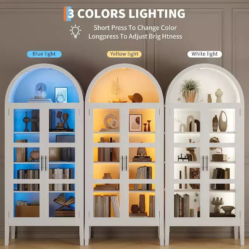GustoWave 70 Armoire de Cuisine Haute Cintrée avec LED, Bibliothèque Cintrée en Bois avec Portes Vitrées et Étagères Réglables, Blanc Élégant