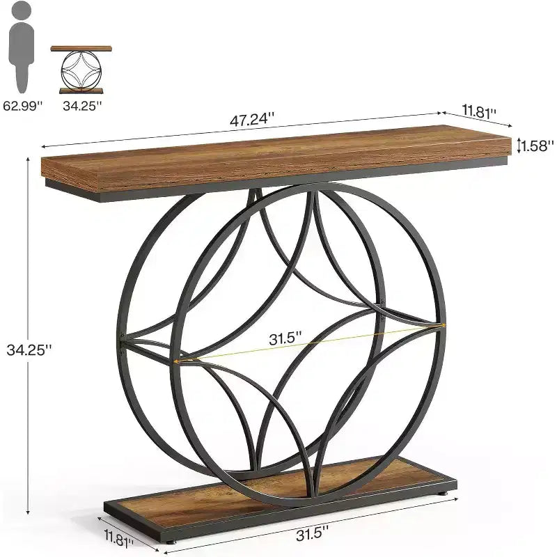 Lantine 47Console Table, Table console à 2 niveaux avec cadre métallique géométrique, Tables d'entrée étroites avec étagère de rangement pour salon, Brun rustique