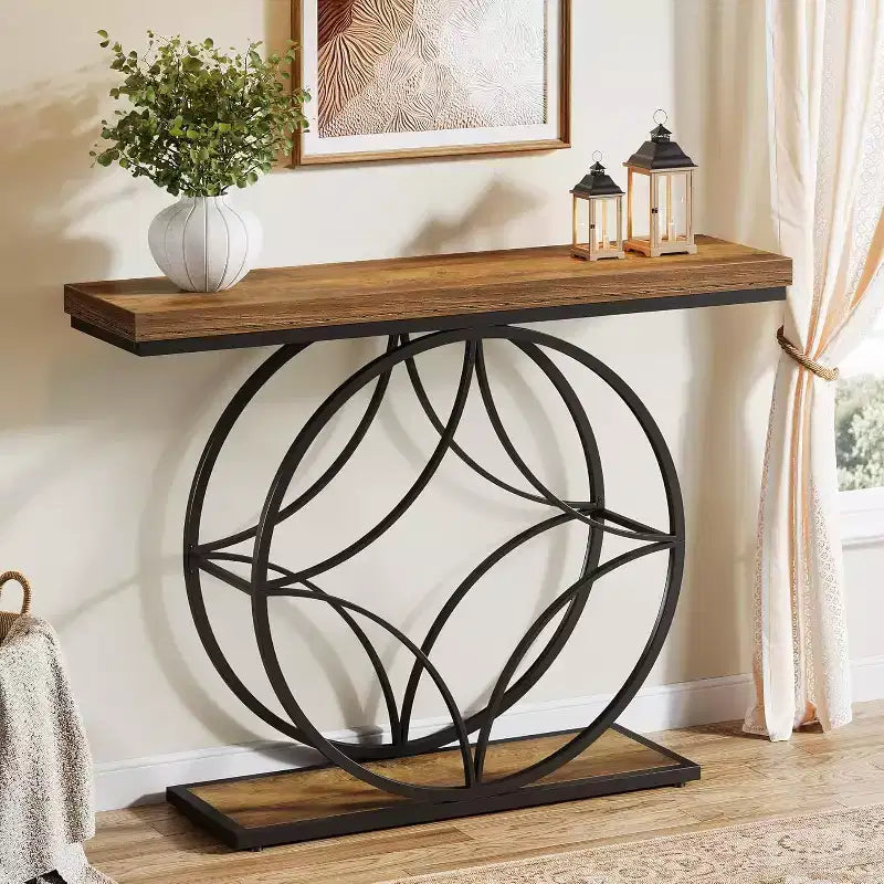Lantine 47Console Table, Table console à 2 niveaux avec cadre métallique géométrique, Tables d'entrée étroites avec étagère de rangement pour salon, Brun rustique