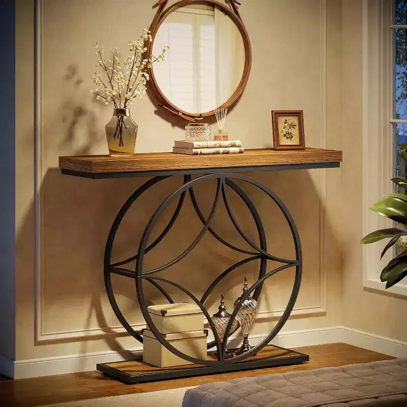 Lantine 47Console Table, Table console à 2 niveaux avec cadre métallique géométrique, Tables d'entrée étroites avec étagère de rangement pour salon, Brun rustique