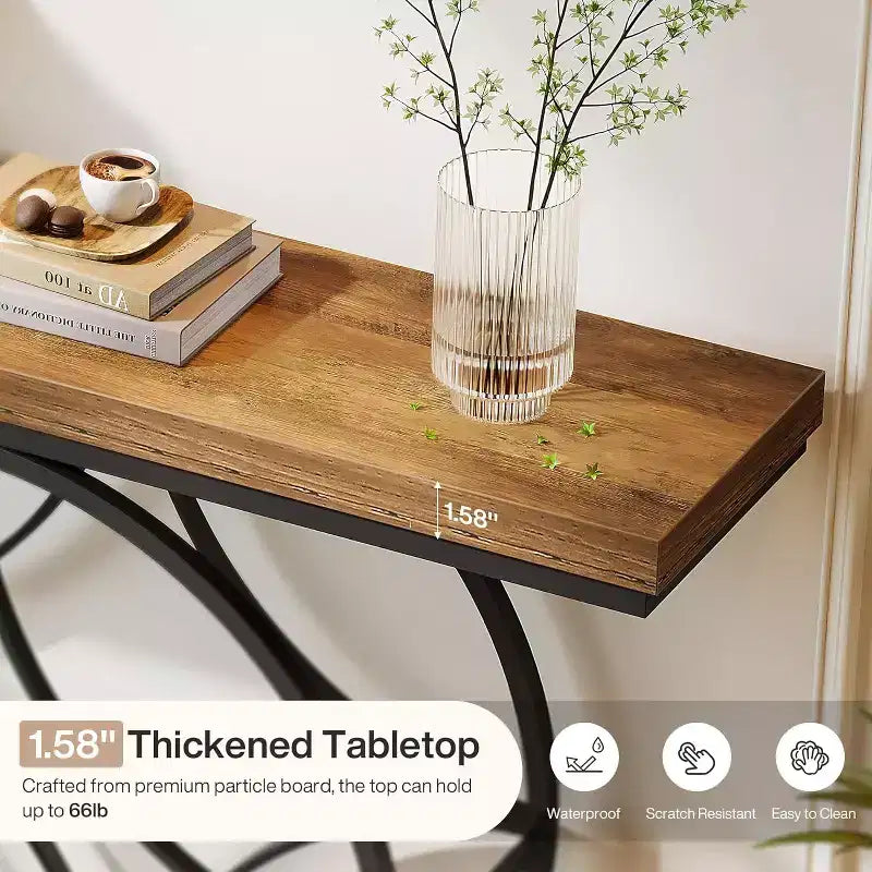 Lantine 47Console Table, Table console à 2 niveaux avec cadre métallique géométrique, Tables d'entrée étroites avec étagère de rangement pour salon, Brun rustique