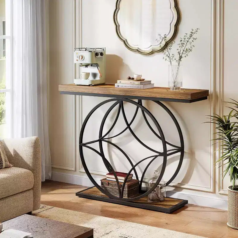 Lantine 47Console Table, Table console à 2 niveaux avec cadre métallique géométrique, Tables d'entrée étroites avec étagère de rangement pour salon, Brun rustique